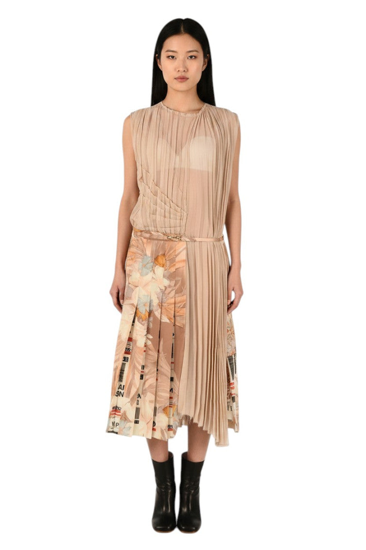Beige Floral Round Neck Midi Dress 1