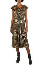 Gold Pleated Cowl Neck Midi Dress 1