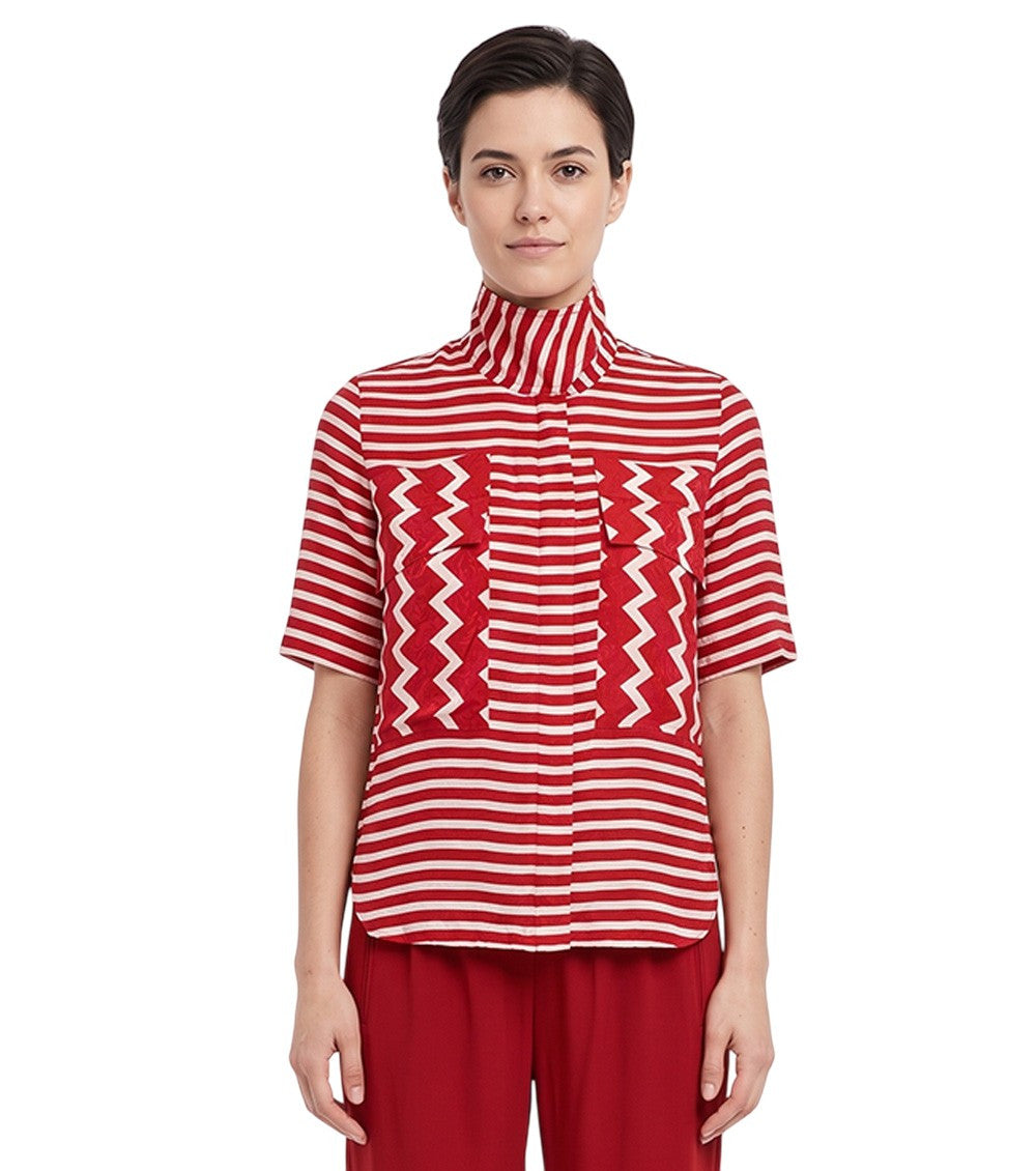 Red Stripes Mock Collar Top 1