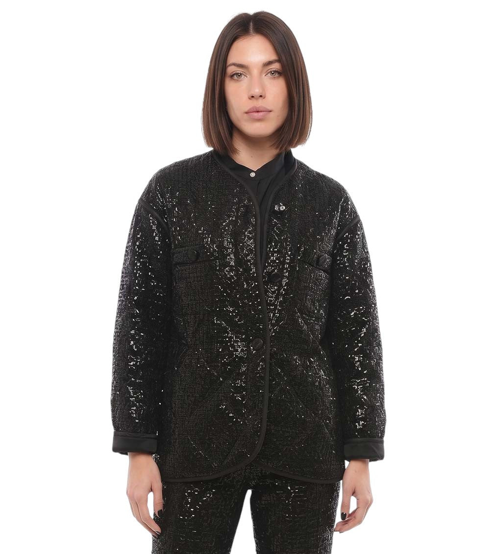 Black Textured Band Collar Jacket 1