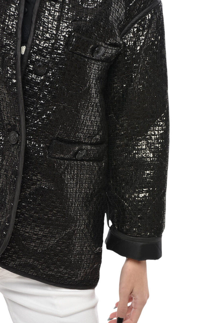 Black Textured Band Collar Jacket 3