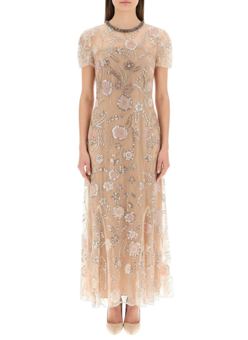 Beige Floral Crew Neck Dress 1