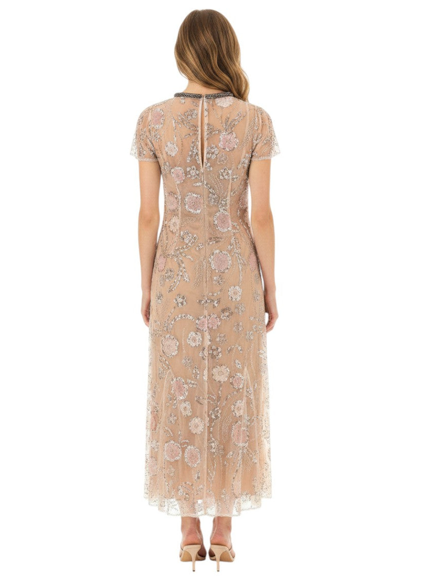 Beige Floral Crew Neck Dress 2