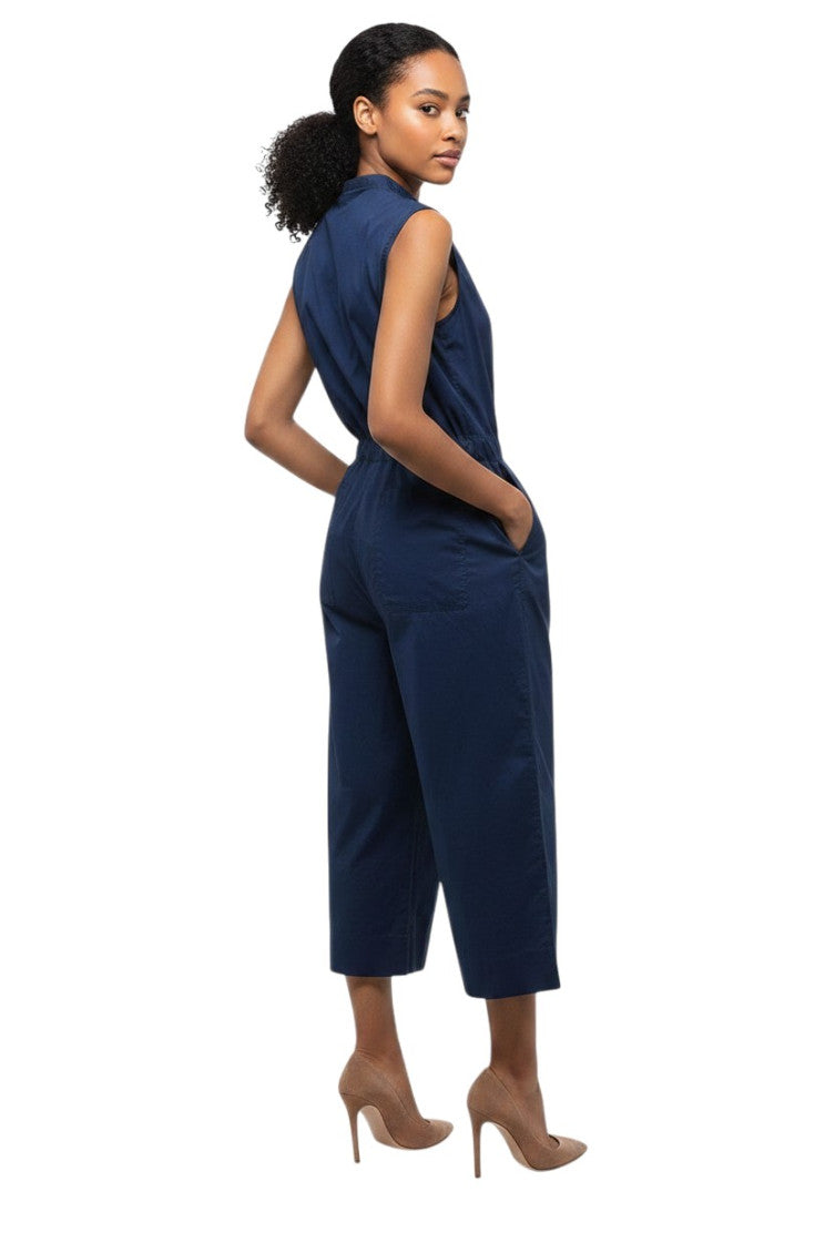 Blue Solid Band Collar Jumpsuit 2