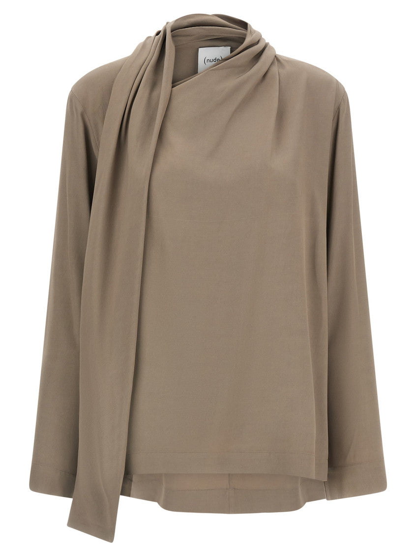 Beige Solid Asymmetric Neck Top 1