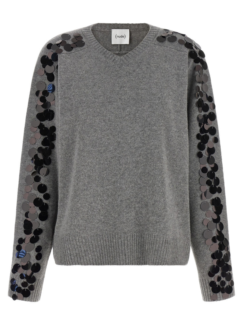 Grey Embellished V Neck Sweater 1