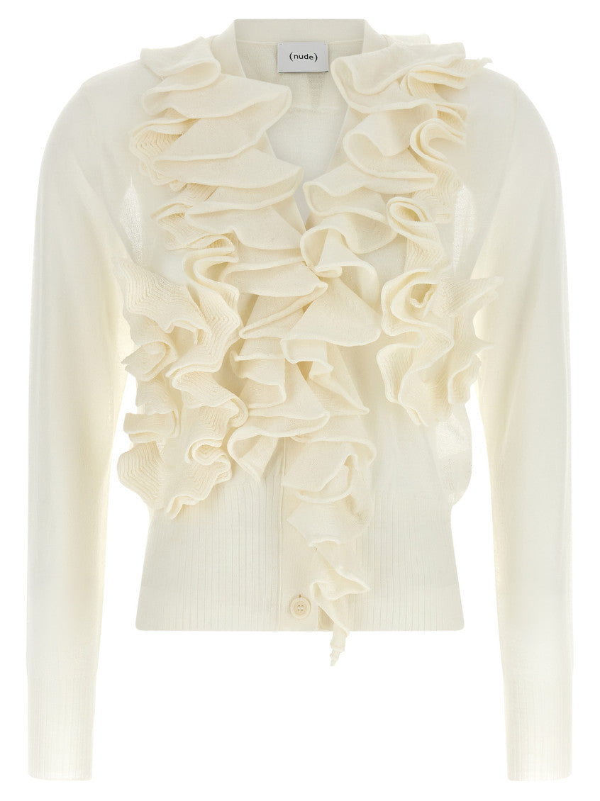 White Ruffle V Neck Sweater 1