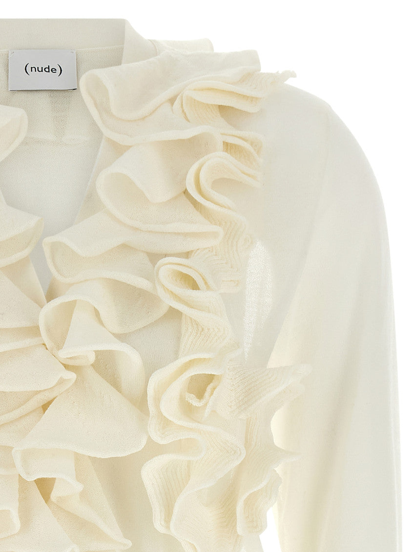 White Ruffle V Neck Sweater 3