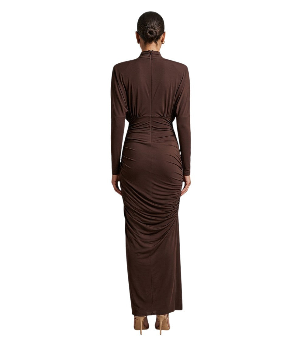 Brown Mock Collar Long Dress 2
