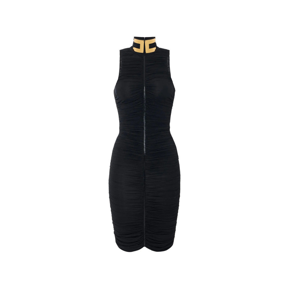 Black Mock Collar Knee Length Dress 1