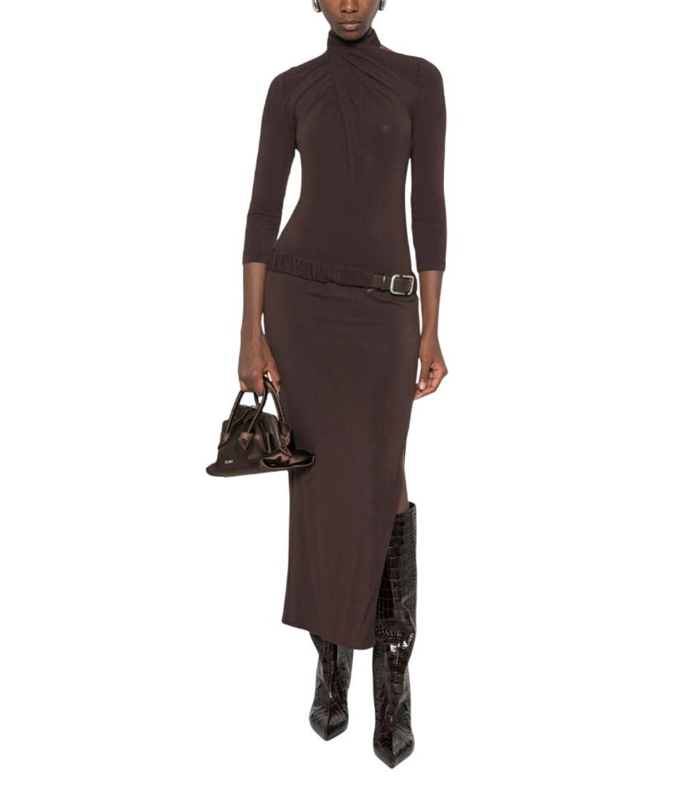 Brown Mock Collar Midi Dress 1
