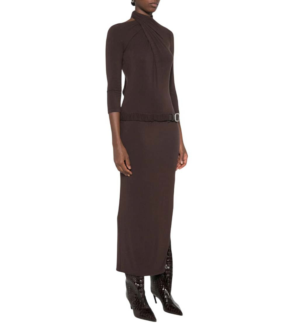 Brown Mock Collar Midi Dress 4
