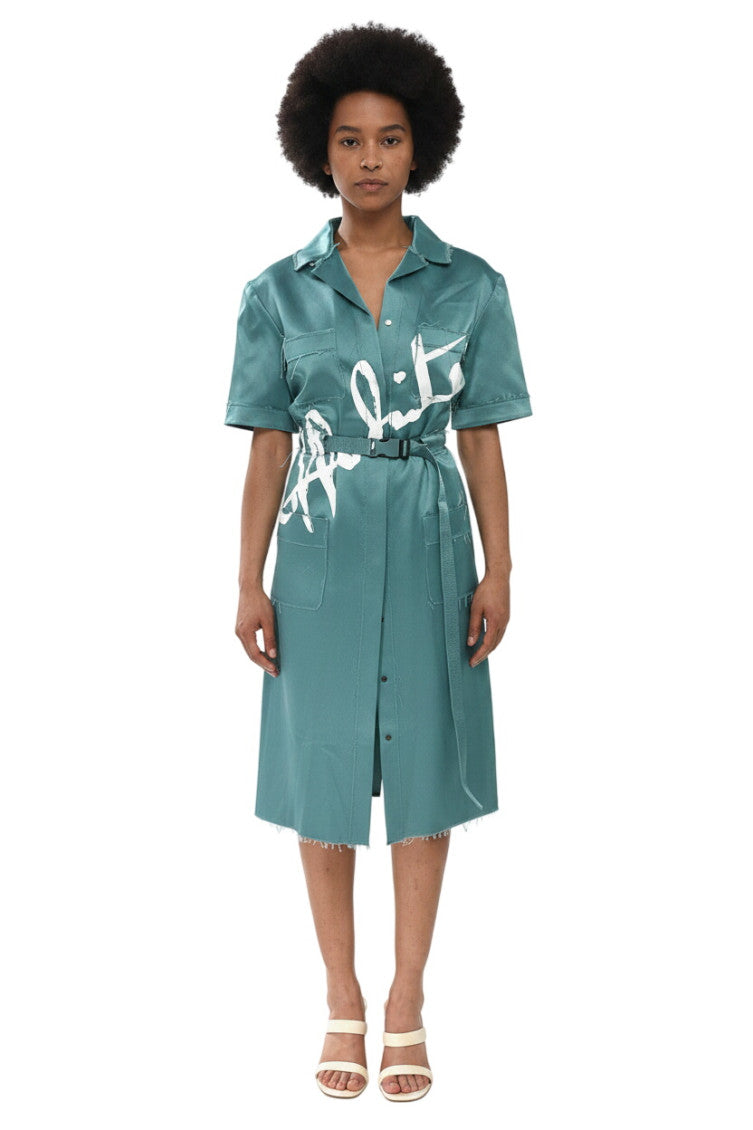 Green Shirt Collar Knee Length Dress 1