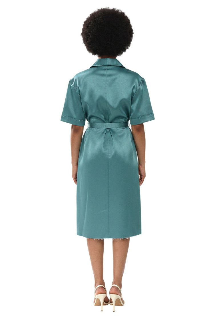 Green Shirt Collar Knee Length Dress 2