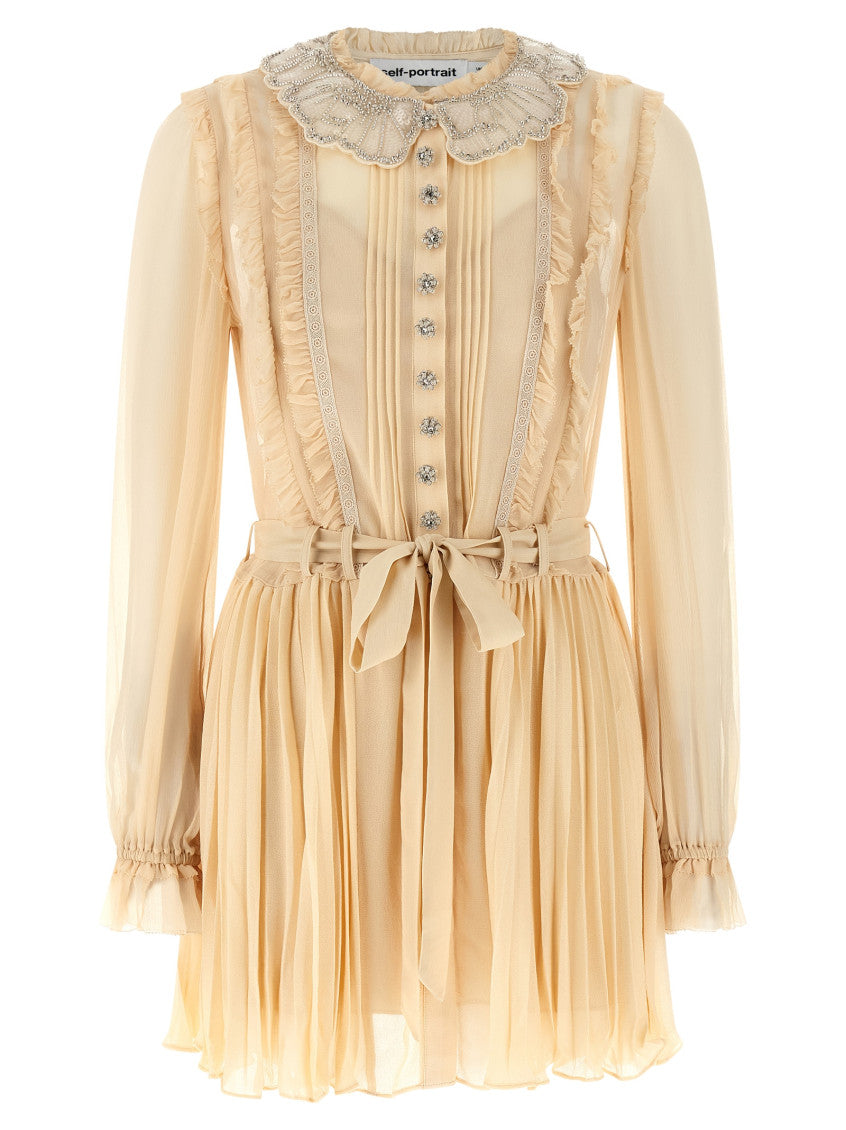 Tan Pleated Georgette Mini Dress 1