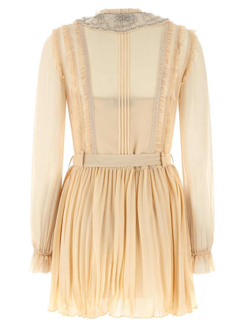 Tan Pleated Georgette Mini Dress 2