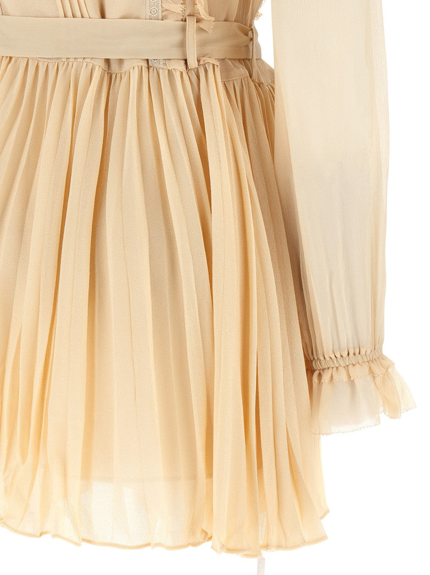 Tan Pleated Georgette Mini Dress 4