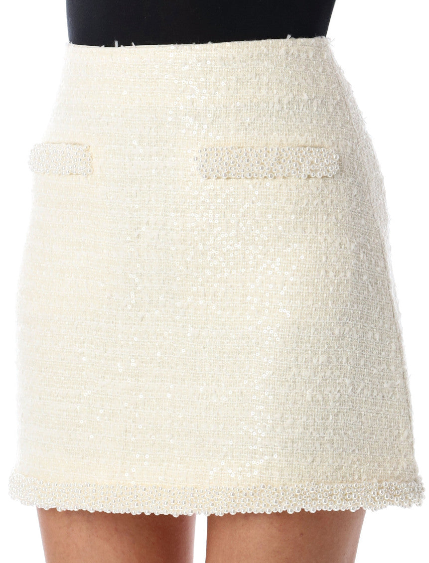 White Boucle Pearl-trim Mini Skirt 3