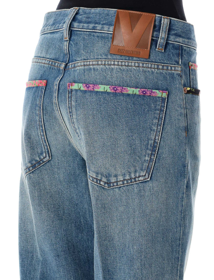 Blue Floral Print Jeans 3