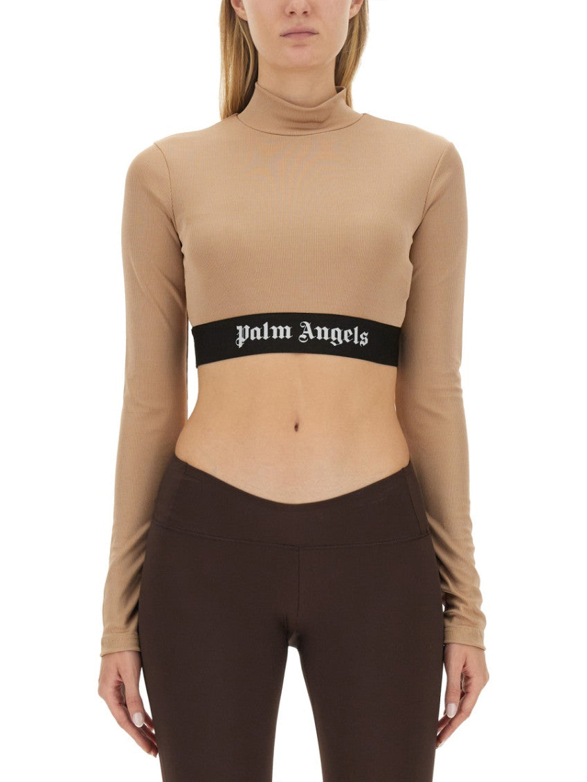 Beige Logo Mock Collar T-Shirt 1