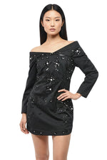 Black Embellished Off Shoulder Mini Dress 1