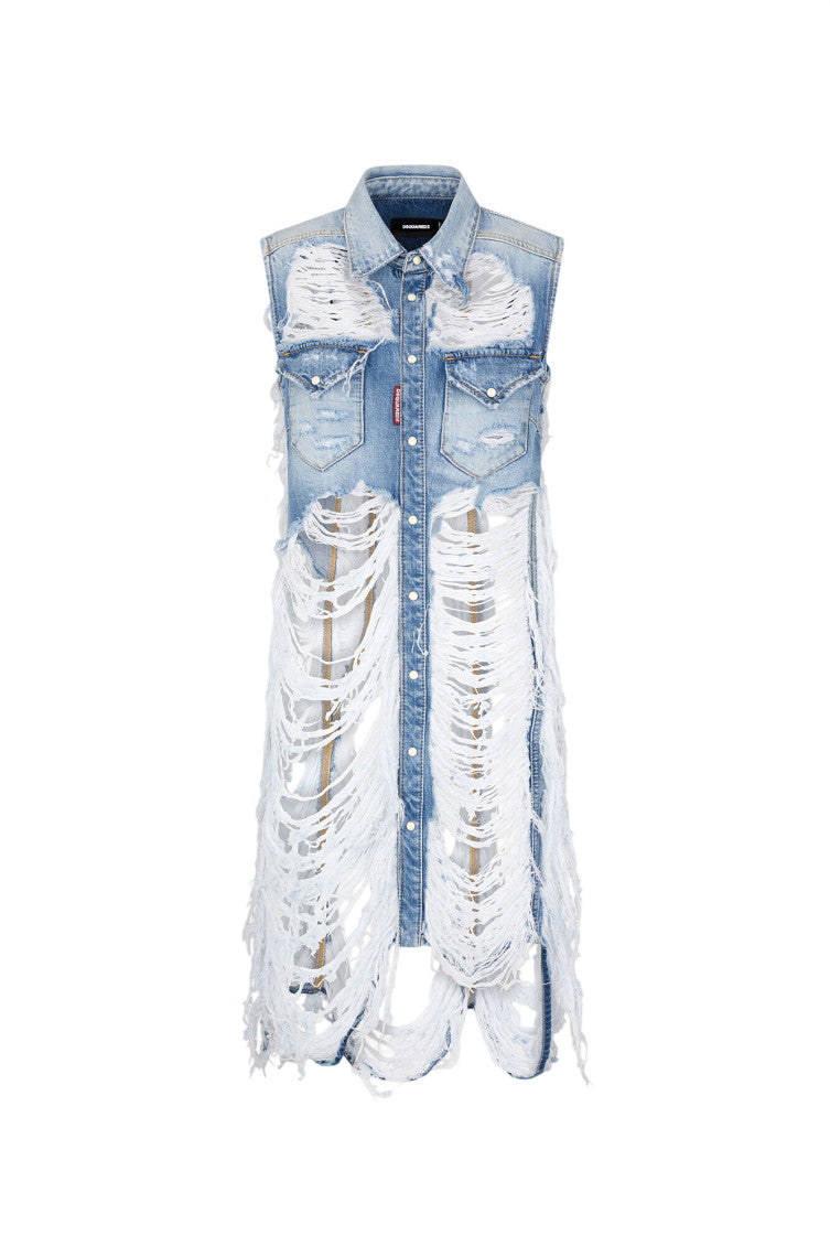 Blue Distressed Shirt Collar Midi Dress 1