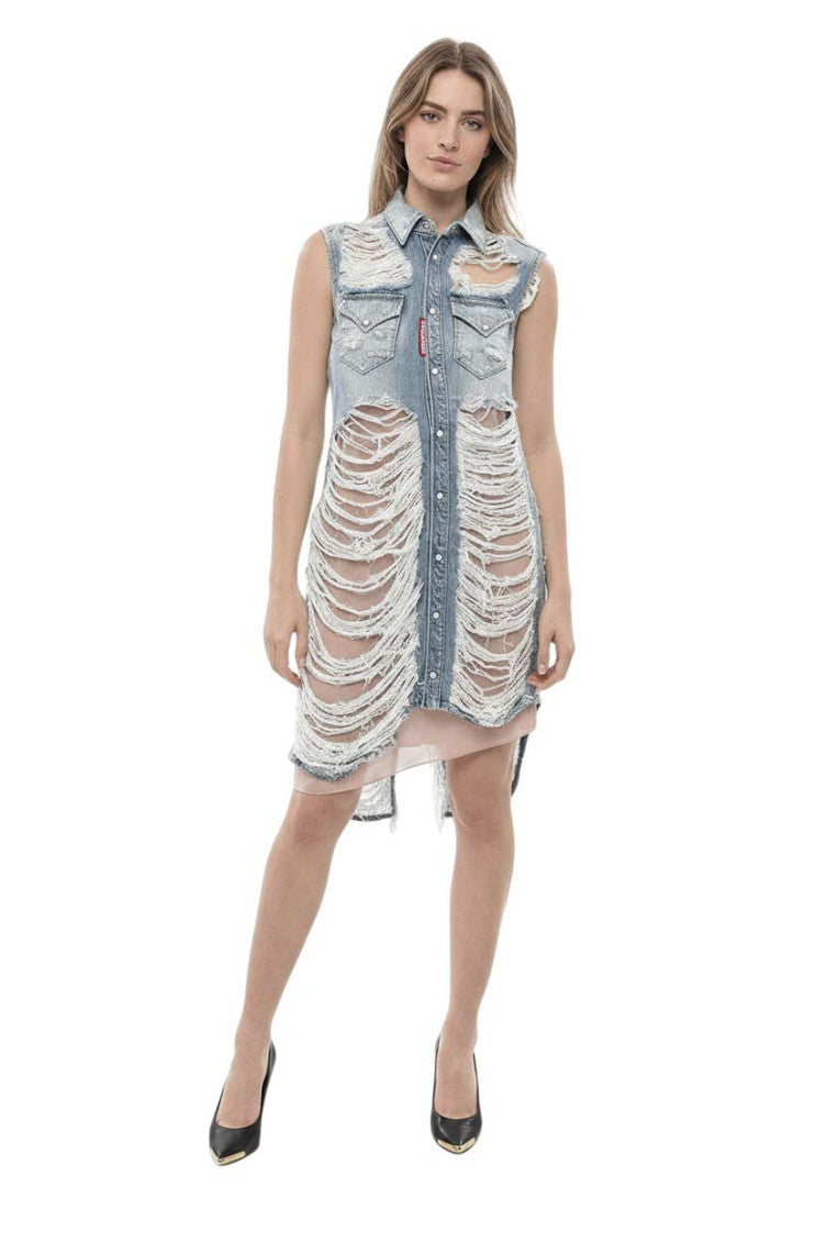 Blue Distressed Shirt Collar Midi Dress 2