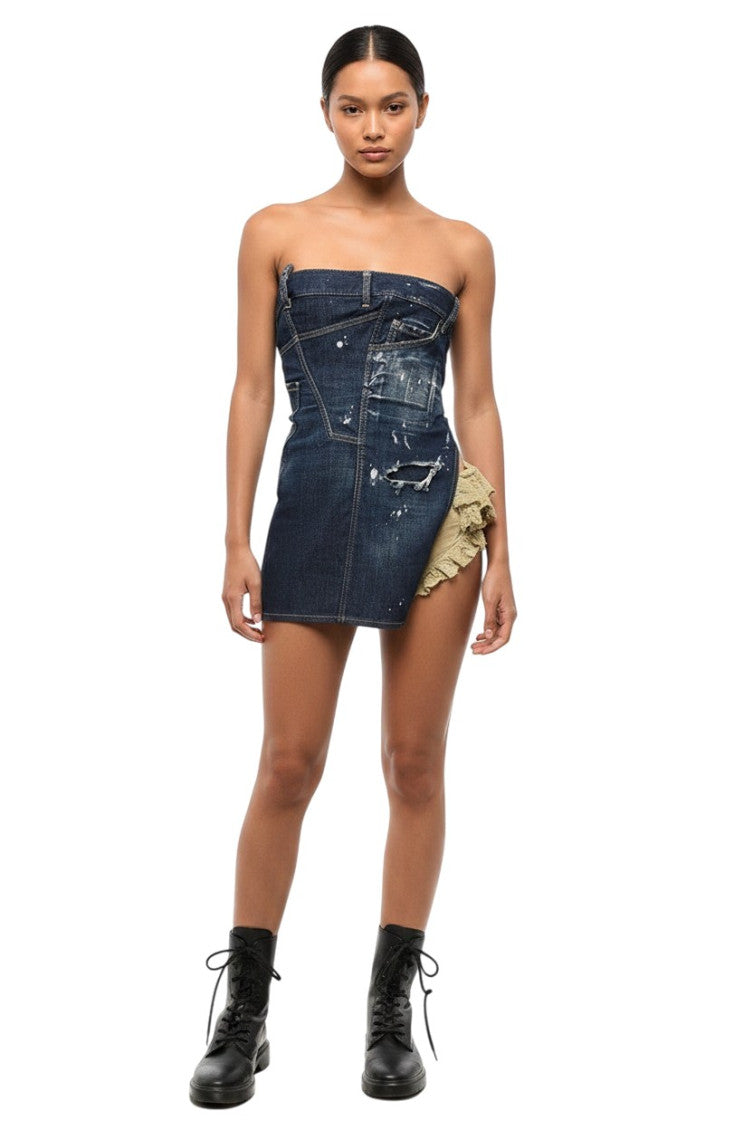 Blue Distressed Strapless Mini Dress 1