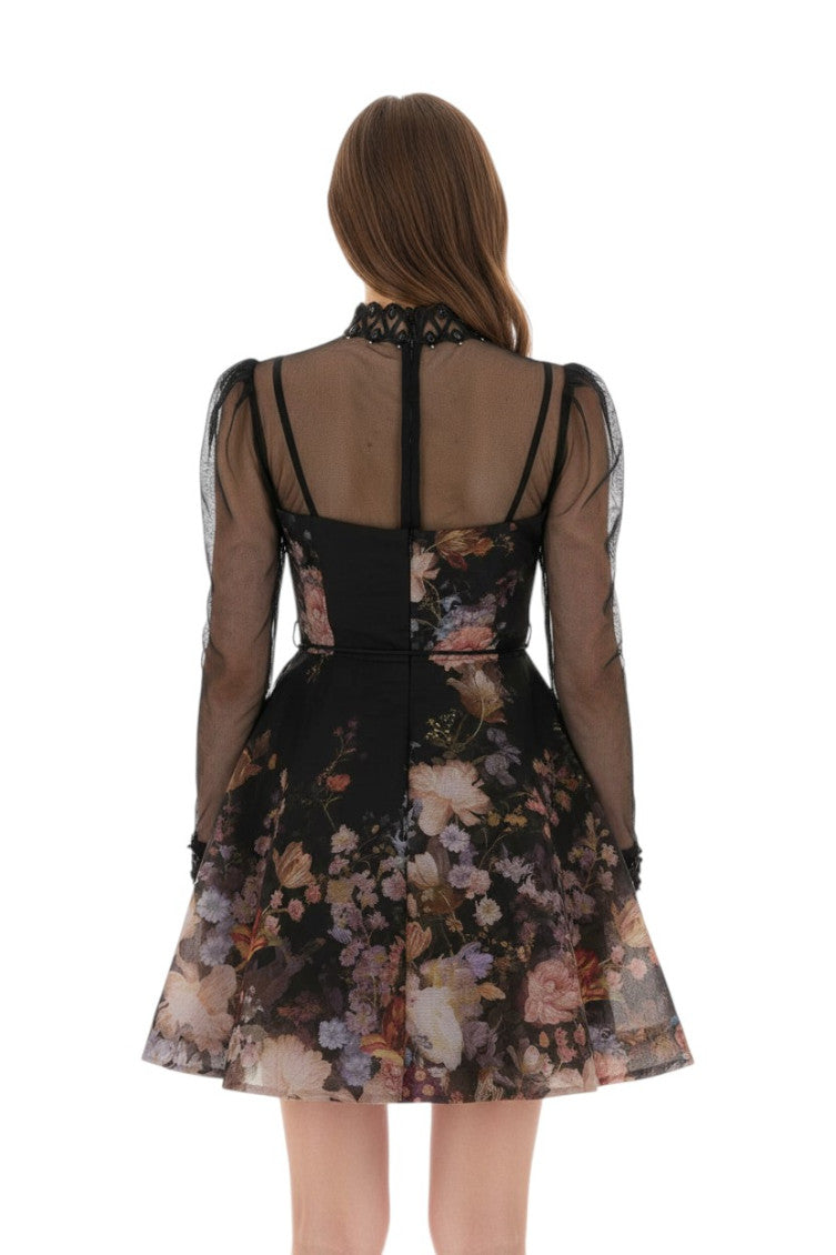Black Floral Mock Collar Dress 4