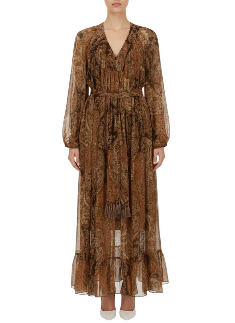 Brown Paisley V Neck Maxi Dress 1