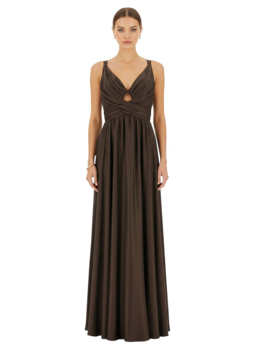 Brown V Neck Full Length Dress 3