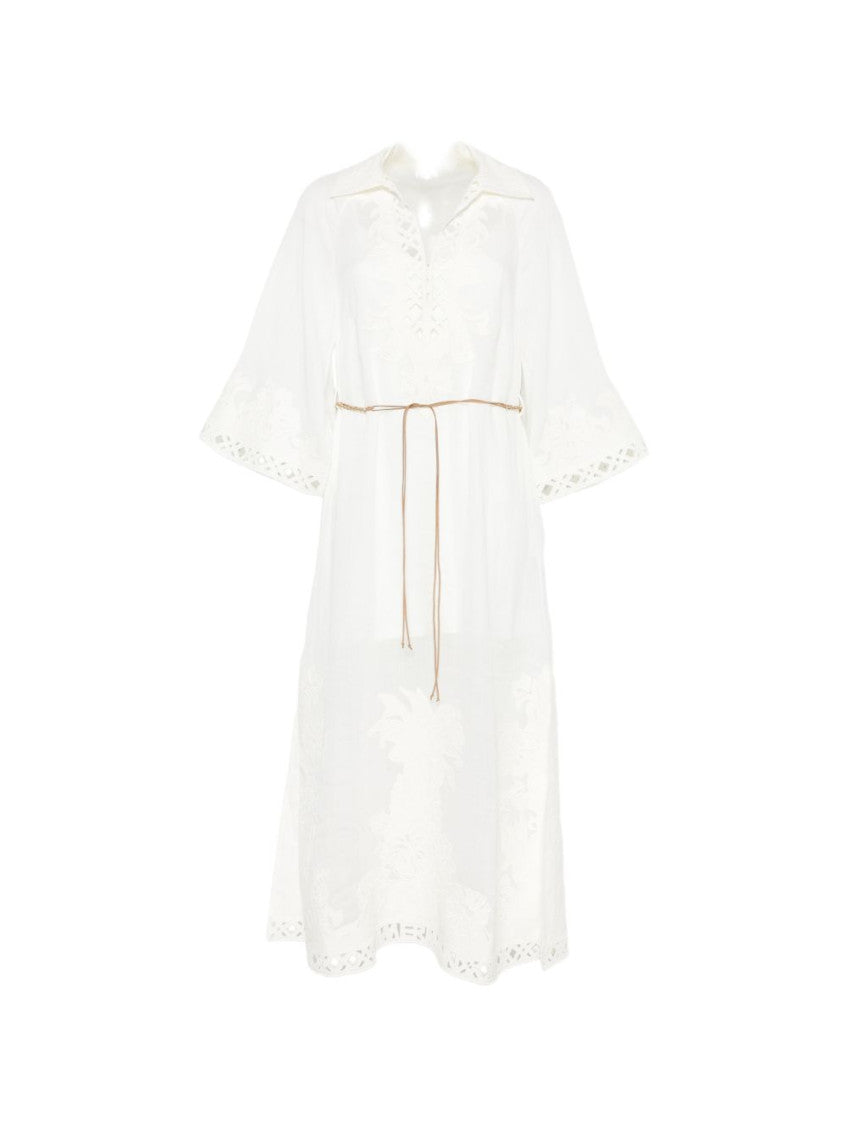 White Embroidered V Neck Midi Dress 1