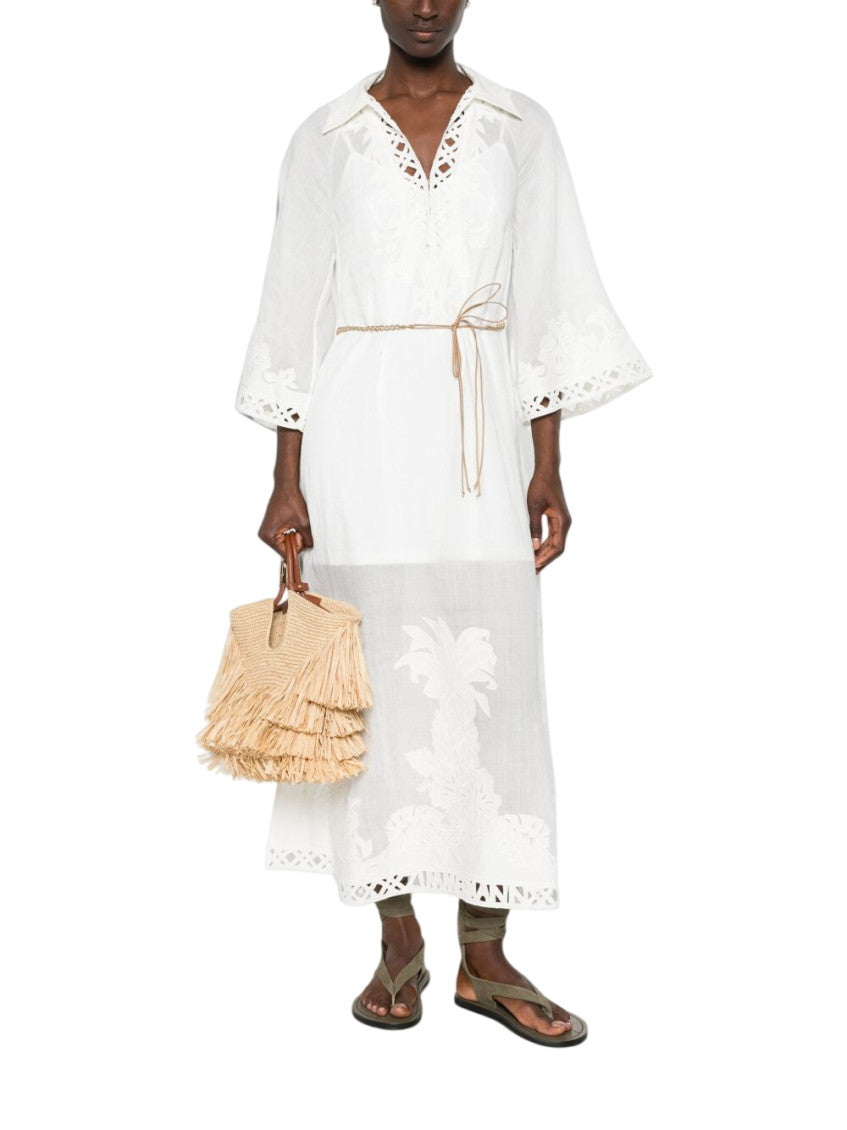 White Embroidered V Neck Midi Dress 2