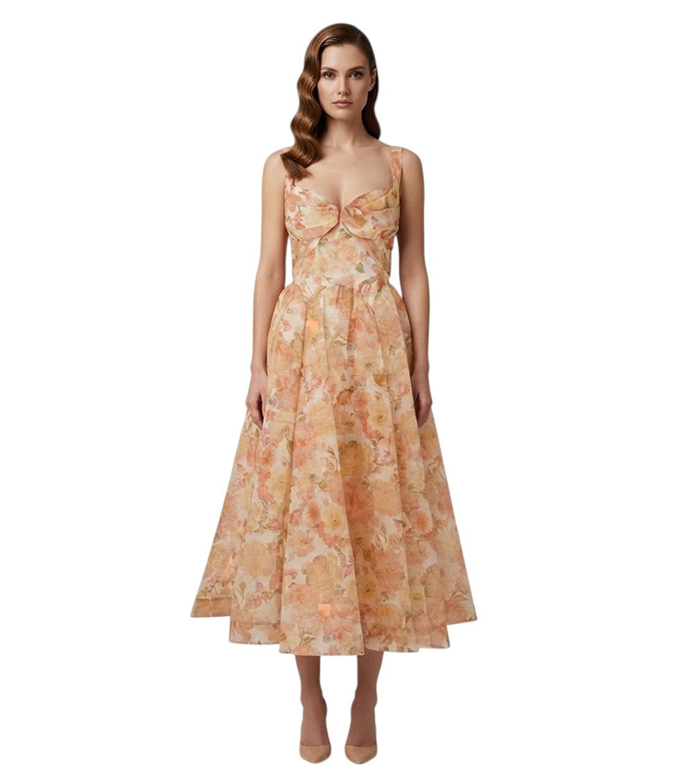 Peach Floral Sweet Heart Neck Dress 3