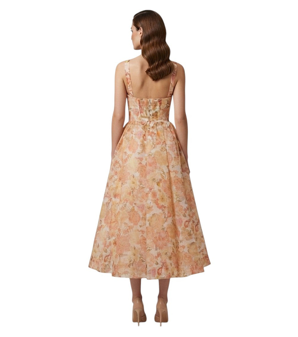 Peach Floral Sweet Heart Neck Dress 4