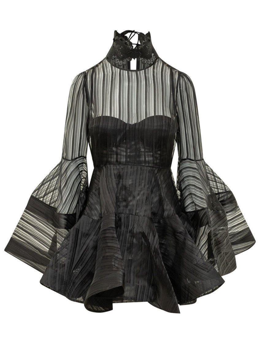 Black Stripes Mock Collar Mini Dress 1
