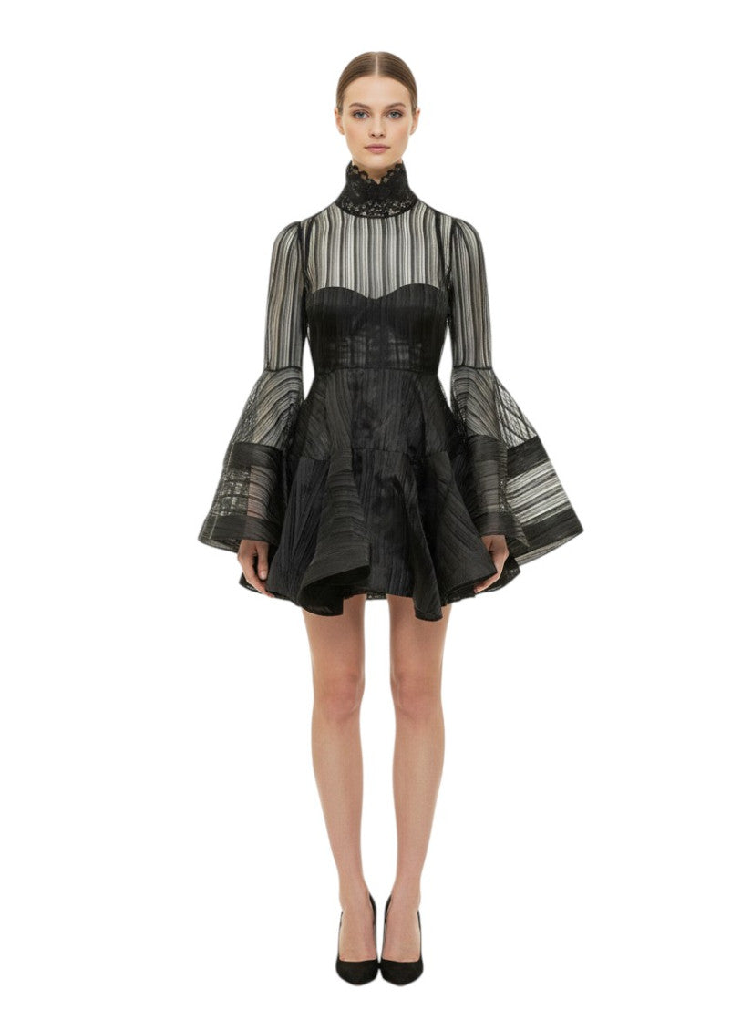 Black Stripes Mock Collar Mini Dress 3