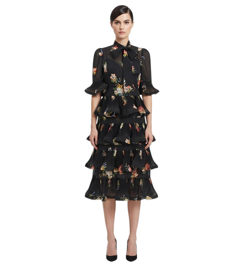 Black Floral High Collar Midi Dress 3