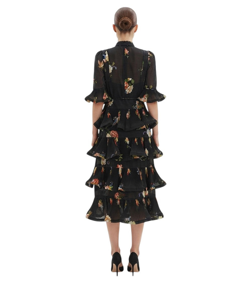 Black Floral High Collar Midi Dress 4