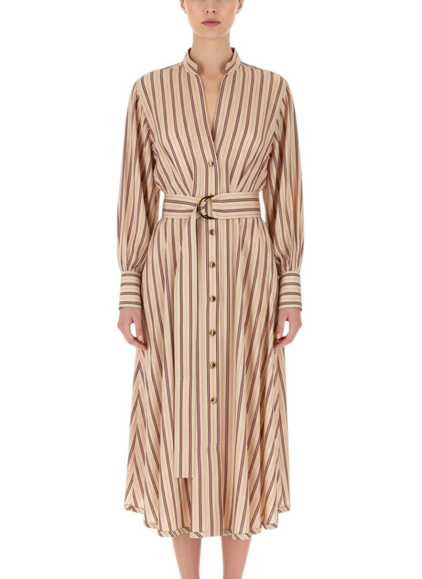Beige Striped Mandarin Collar Dress 3