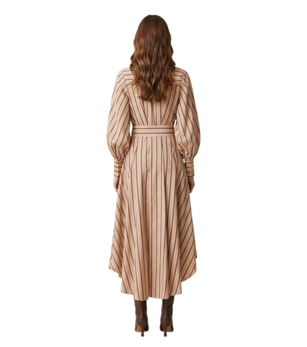 Beige Striped Mandarin Collar Dress 4