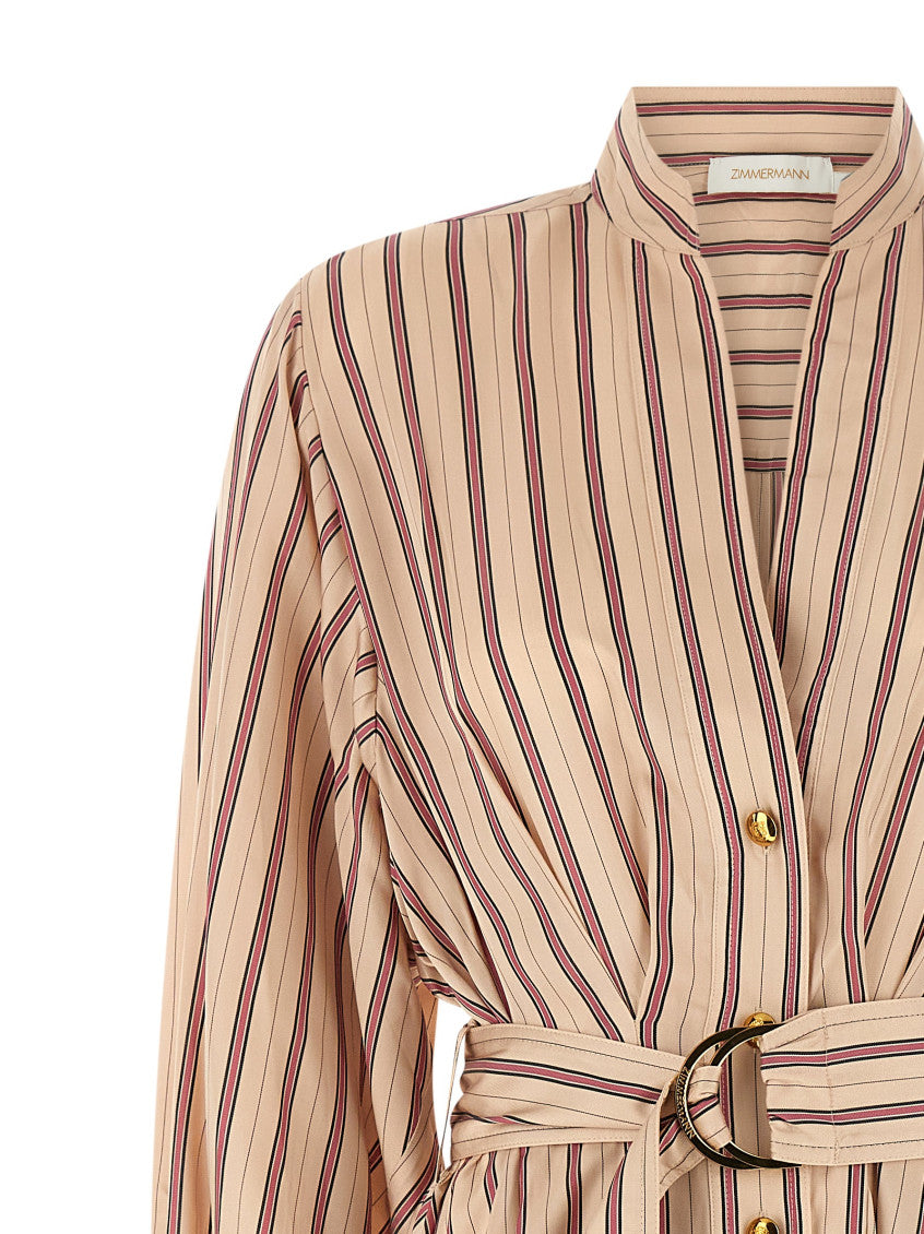 Beige Striped Mandarin Collar Dress 5