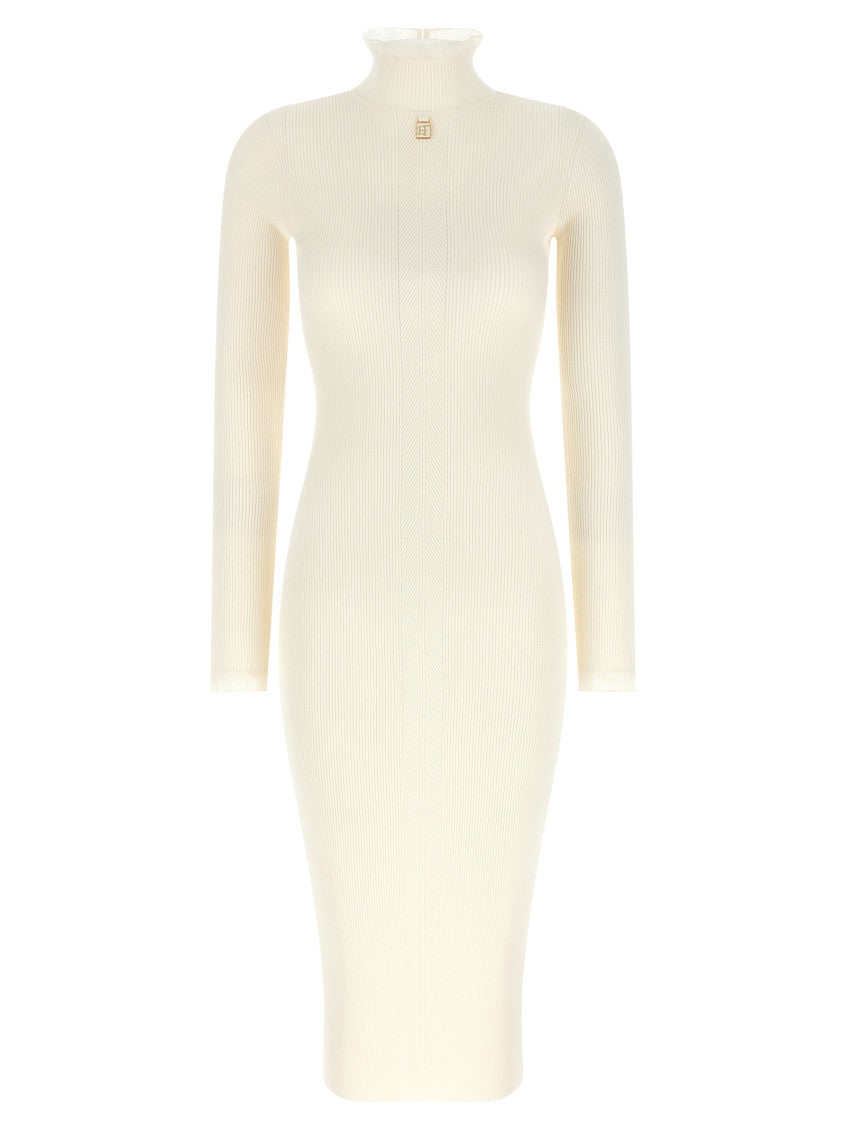 White Textured Mock Collar Midi Dress 1