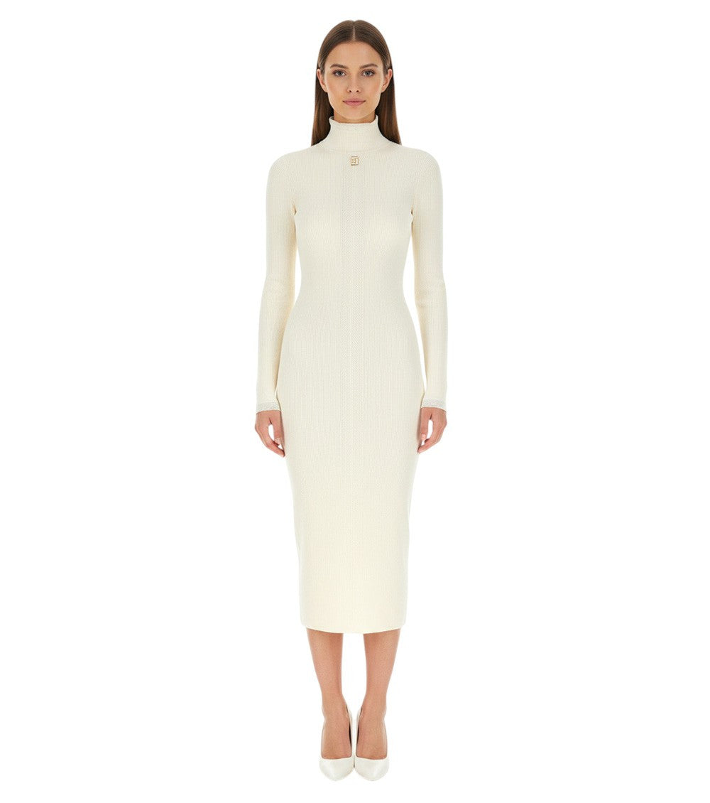 White Textured Mock Collar Midi Dress 3