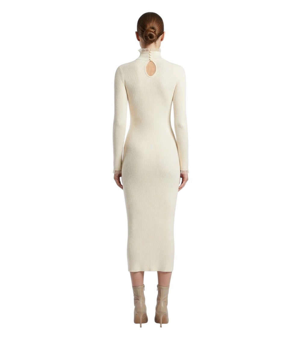 White Textured Mock Collar Midi Dress 4