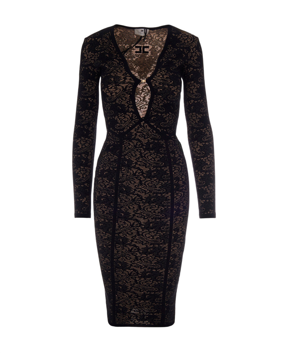 Black Jacquard V Neck Dress 1