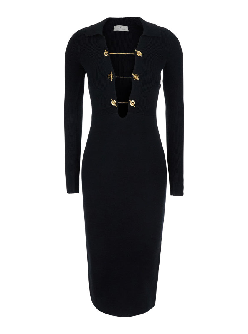 Black Textured V Neck Midi Dress 1