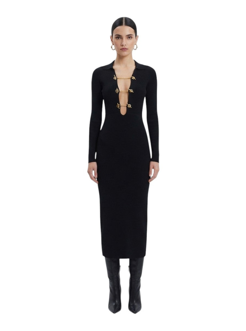 Black Textured V Neck Midi Dress 3
