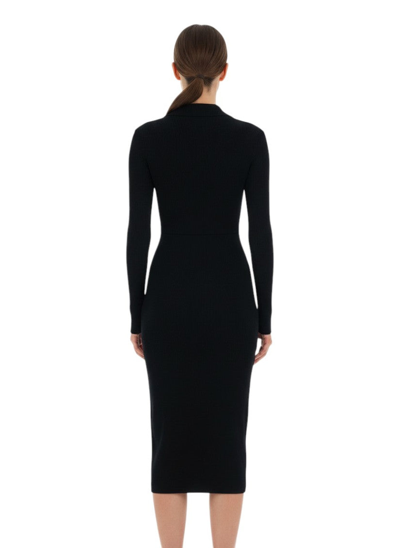 Black Textured V Neck Midi Dress 4