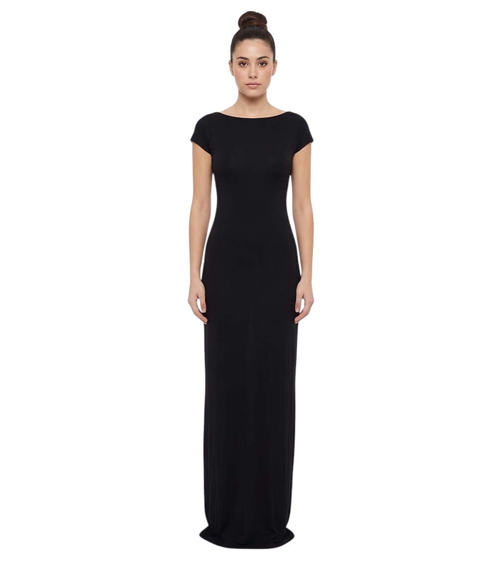 Black Boat Neck Full Length Dress 1